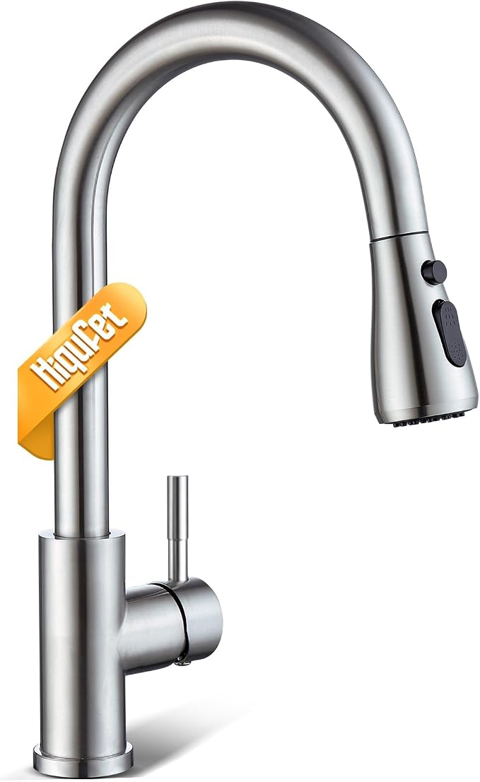 Hiqufet Kitchen Faucet, Pull Down Sprayer, Brushed Nickel | Easy Install, 360 Swivel, 3 Spray Modes, SUS304 Stainless Steel, Fits RV/Laundry/Bar Sinks, High Arc Touchless, Lead-Free