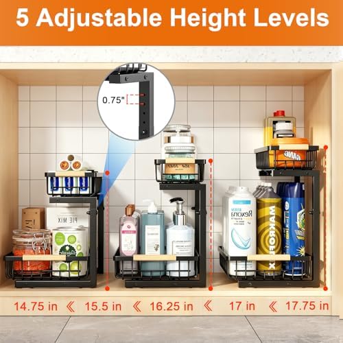 REALINN Under Sink Organizer, 2 Pack Height Adjustable Under Sink Organizers and Storage, 2 Tier Pull Out Drawer Cabinet Storage for Kitchen Bathroom