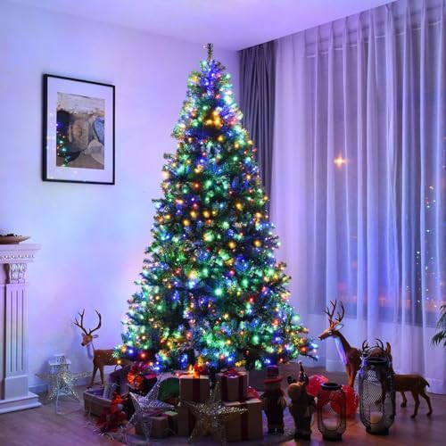 HAPPYGRILL 8FT Pre-Lit Christmas Tree with 2128 PVC Branch Tips and Foldable Base, Premium Artificial Spruce Tree Hinged Xmas Tree for Holiday Decor