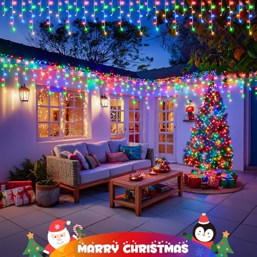 JMEXSUSS Multicolor Icicle Christmas Lights with Remote, 400 LED 38.8Ft