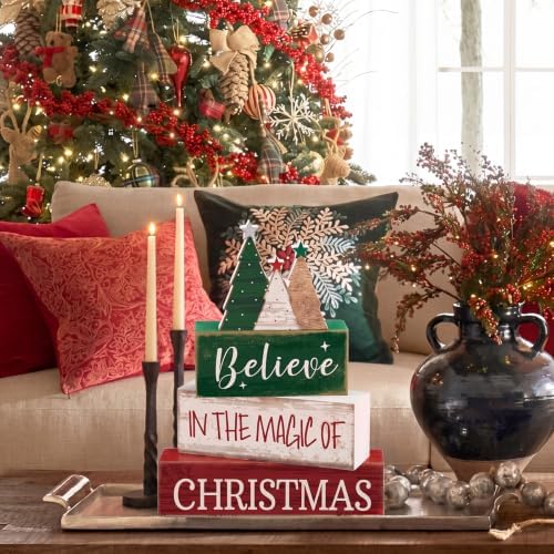 Moucuny 4 Pcs Christmas Table Decorations Rustic Christmas Tree Stacked Wooden Sign Decor Red Green and White Winter Tiered Tray Decor Xmas Table Centerpiece Farmhouse for Home Kitchen Shelf