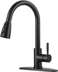 WOWOW Black Kitchen Faucet with Sprayer, Pull Down Kitchen Sink Faucet Lead-Free, Stainless Steel Single Handle Kitchen Faucets with Deck Plate, 360 Swivel High Arc Single Hole RV Kitchen Faucet