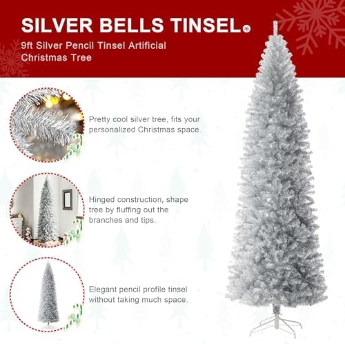 Glitzhome Pencil Tinsel Artificial Christmas Tree, 9ft Silver Christmas Tree with 1860 Branch Tips and Foldable Metal Stand for Home Office Party Decoration