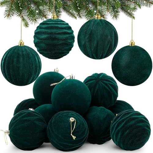 Liliful 4 Inch 12 Pcs Velvet Christmas Ornaments Balls, Dark Green