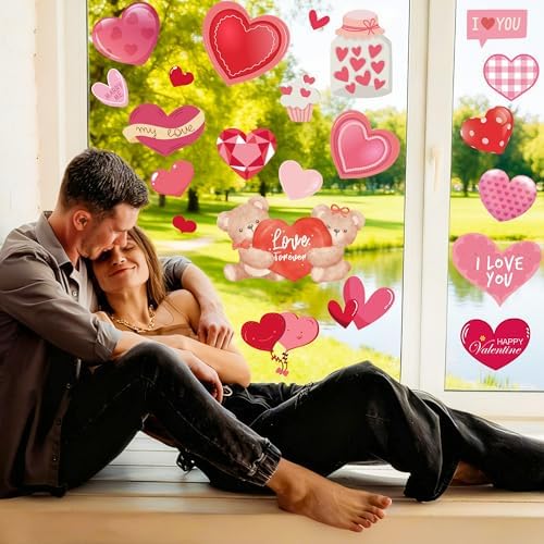 Valentines Day Decorations - Heart Window Clings for Glass | Valentines Decor Indoor Outdoor - Valentine's Day Accessories Party Favors Supplies for Home School Class Office