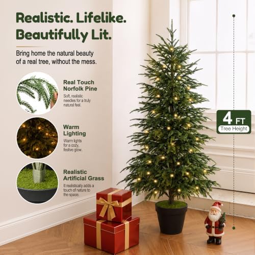 4FT Christmas Tree with Light, Norfolk Pine Tree Decor for Xmas 2 Pack