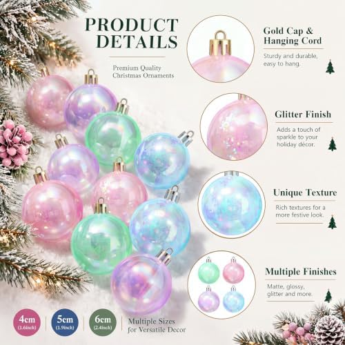 Lunmon 64 Pcs Colorful Iridescent Christmas Ornament Pastel Clear Xmas Ball