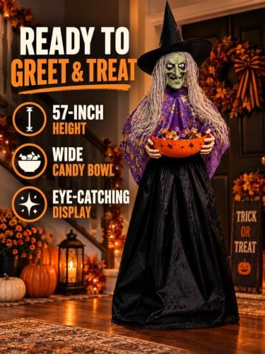 Halloween Witch Animatronic with Candy Bowl, Moving Head & Mouth, Sound