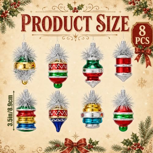 Soulchen 8pcs Retro Glass Christmas Finial Ornament with Reflector for Tree
