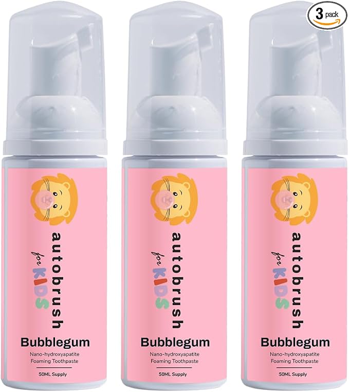 Autobrush Fluoride-Free Foaming Toothpaste for Kids, Bubblegum Flavor, Whitening & Deep Cleaning, Travel Friendly, Anti-Cavity (Pack of 3)