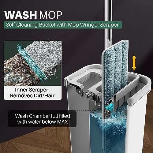 JOYMOOP Mop and Bucket with Wringer Set with 61" Mop Handle with Flexible 13" Flat Head with 7pcs Microfiber Mop Pads - White