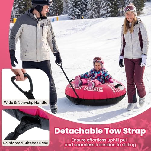 Goplus Inflatable Snow Tube, 42" Heavy-Duty Snow Sledding Tube with Detachable Tow Strap, Thickened Bottom, 3-in-1 Valve, Handles, Winter Outdoor Fun Toy for Kids & Adults, Christmas Birthday