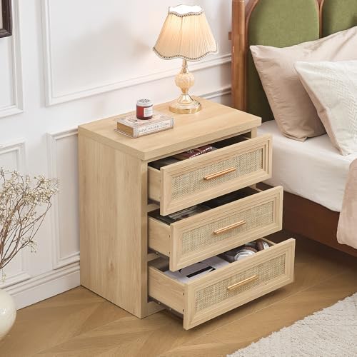 RWYHG Rattan Night Stand 3 Drawer Storage 26" Tall Wood with Gold Handle
