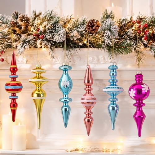 Soulchen 6 Pcs Vintage Glass Finial Christmas Ornaments Bright 6-6.8 Inch