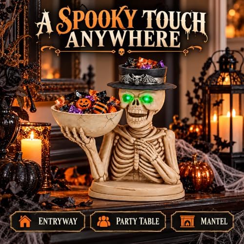 Halloween Skeleton Candy Bowl and Candle Holder with Glowing Eyes