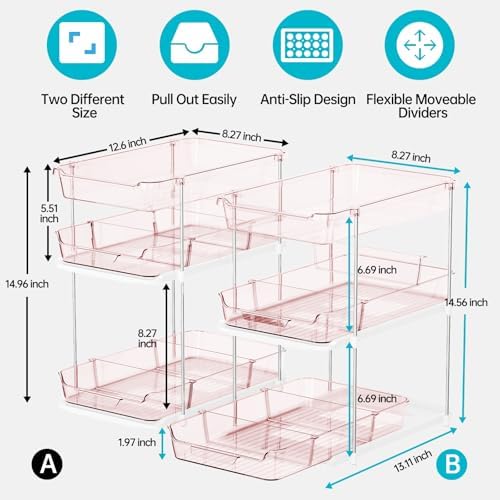 Delamu 2 Pack 3-Tier Bathroom Under Sink Organizers and Storage, Multi-Purpose Stackable Pantry Organization and Storage, Pull Out Clear Kitchen Bathroom Cabinet Organizer with Movable Dividers, Pink