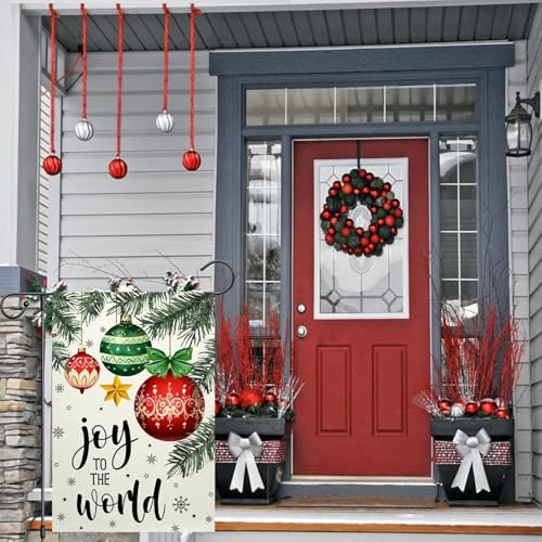 Christmas Garden Flag 12x18 Inch Joy To The World Winter Outdoor Yard Flag Double Sided Small Burlap Family Xmas Balls Holiday Yard Outside Decorative Flag (Beige)