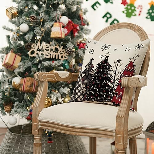 Merry Christmas Joy Xmas Trees Red Throw Pillow Covers, 16x16 Inch Christmas Winter Holiday Cushion Case Decoration for Sofa Couch Set of 4