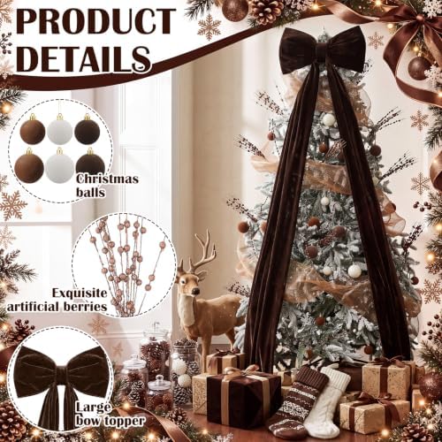 56 Pcs Brown Christmas Tree Decoration Set Neutral Velvet Bow Balls Ribbon