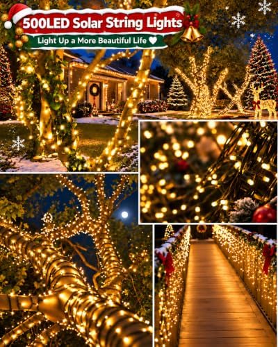 Solar String Lights Outdoor 2Pack 500LED 180FT Christmas Lights Warm White