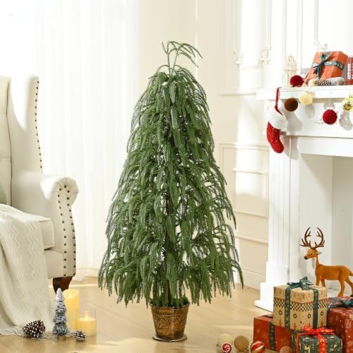4FT Cascading Norfolk Pine Tree with Pot, Small Christmas Tree