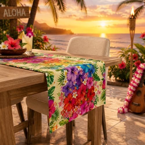 Luau Party Decorations - Tropical Hibiscus Plumeria Palm Leaf Table Runner