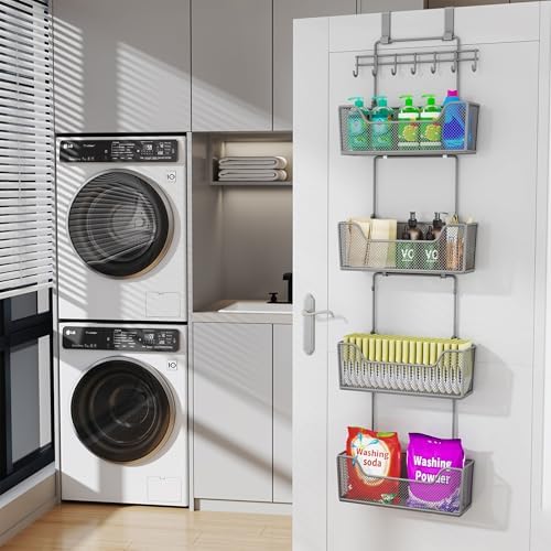 HapiRm Over The Door Organizer - Hanging Door Organizer with 4 Metal Large Capacity Baskets and Adjustable Coat Hook for Bathroom Bedroom Kitchen Pantry Closet Cabinet