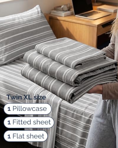 Twin XL Size 3 Piece Sheet Set - Breathable & Cooling Sheets - Grey Stripes