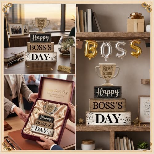 Moucuny 4 Pcs Boss Day Table Decorations Rustic Trophy Wooden Blocks Decor