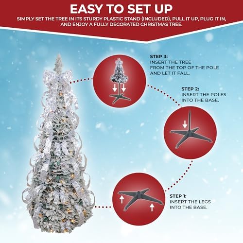 6.1ft Flocked Pull up Christmas Tree - Lighted Foldable Tree Includes Storage Bag Ornaments, Ribbons, Stand and UL Warm Lights