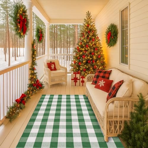 Christmas Green & White Plaid Rug - 4' x 6' Outdoor Front Door Decor Mat Cotton Washable Hand-Woven Rug Christmas New Year Holiday Porch Entryway Layered Doormat