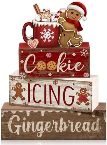 Moucuny 4 Pcs Christmas Table Decor Wooden Gingerbread Cocoa Block Signs