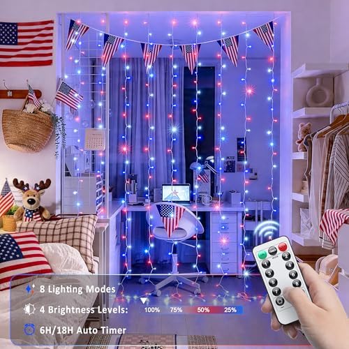 JMEXSUSS 300LED Red White & Blue Curtain Lights for 4th of July, 9.8x9.8ft
