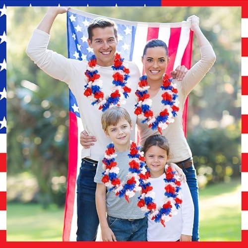 JUNEBRUSHS 24Pcs Patriotic Red White and Blue Leis 4th of July Accessories