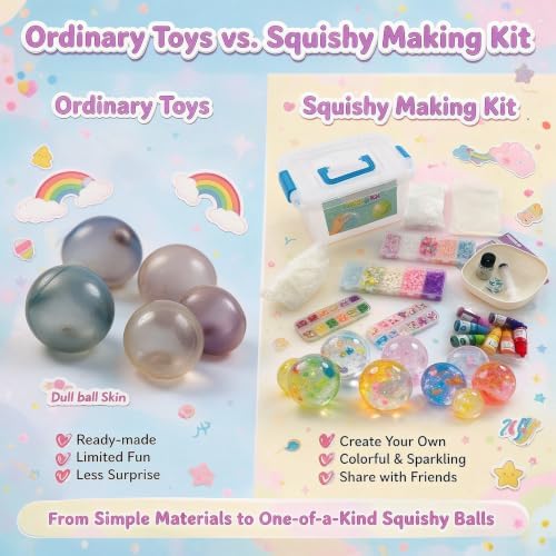 DIY Squishy Making Kit, Crunchy Squishy, Make Your Own Taba Squishies Stress Balls, Arts Crafts Kit with 10 TPR Skins, 20 Fillers, Squishy Maker Create ASMR Anxiety Relief Toys, Party Favor Gifts