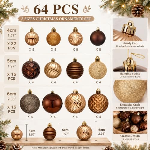 Lunmon 64 Pcs Christmas Ball Ornaments Bronze Copper Brown Gold Xmas Bulbs