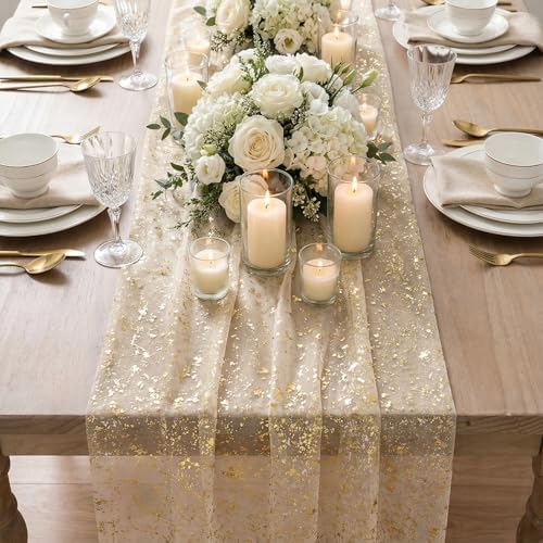 Artoid Mode Gold Gauze Champagne Table Runner 120 Inch 10FT, Glitter Metallic Foil Sheer Dining Wedding Anniversary Holiday Birthday Table Decor for Home Party