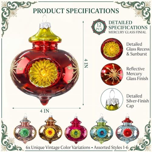 Junkin 12 Pcs Vintage Glass Christmas Ornaments,Hanging Decor, Elegant