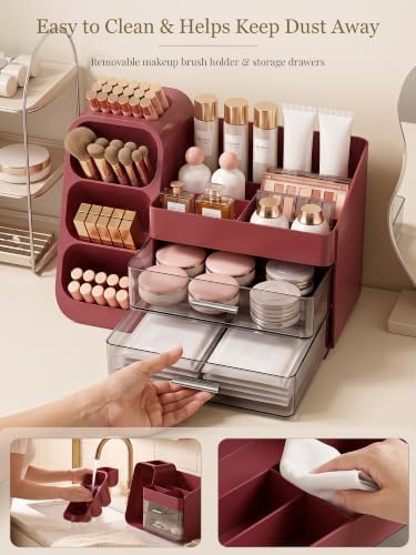Booklov Large Makeup Organizer for Vanity Countertop, Red