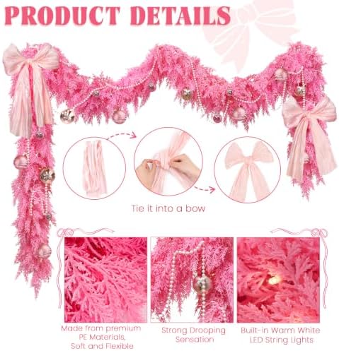 9FT Pink Christmas Garland with Lights Bow Decor Soft Preit Cedar Garland