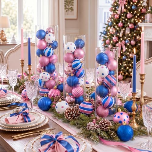 Lunmon 64 Pcs Blue Pink Christmas Ball Ornaments Set Cartoon Xmas Baubles