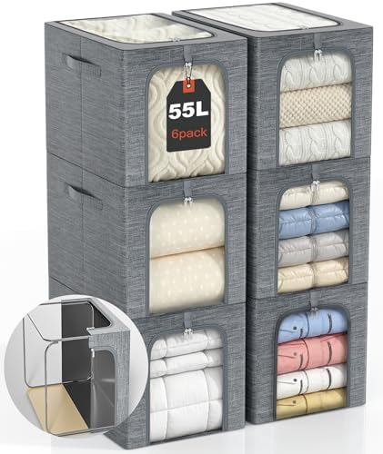 GoMaihe Blanket Storage Bins with Metal Frame for Closet, 55L 6-Pack Grey
