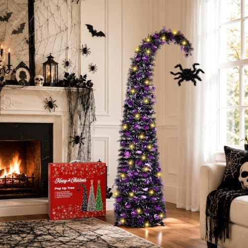 5FT Curved Halloween Pop Up Christmas Tree with Spider Pendant and Lights