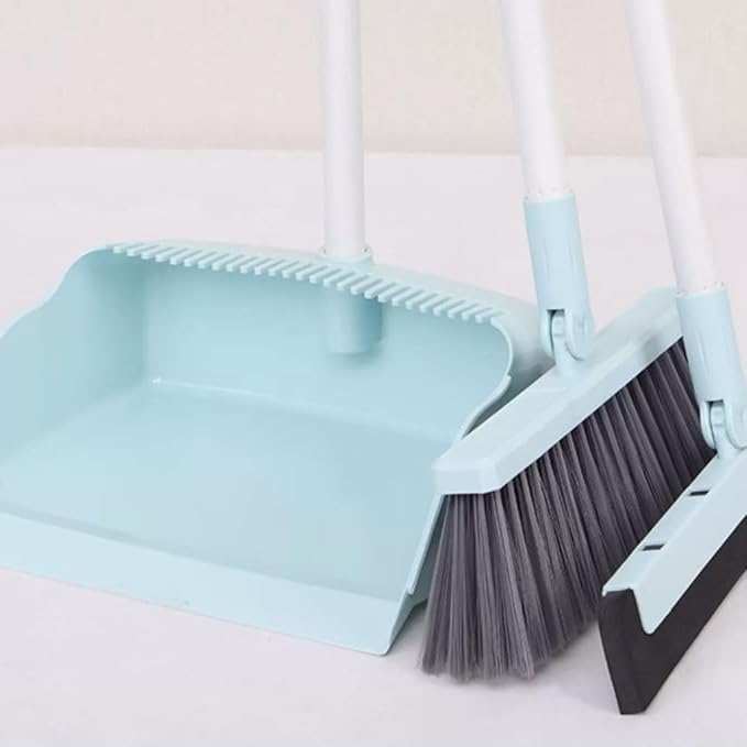 Modern Standing Dustpan and Broom Set for Home Self-Cleaning with Dustpan Teeth and Broom Long Handled Convenient, A Blue 3 Pcs