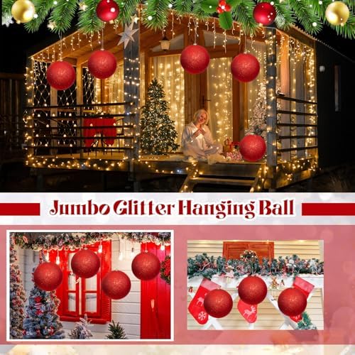 Zubebe 6 Pcs 8" Jumbo Christmas Ball Ornaments Lawn,Red Glitter
