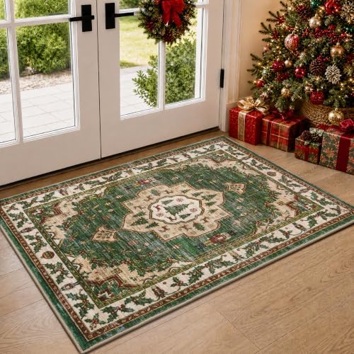 Engiw Christmas Rug 2x3 Area Rug, Washable Non-Slip, Soft Low Pile Carpet, Christmas Decorations for Living Room, Bedroom, Kitchen, Hallway, Entryway and Under Christmas Tree