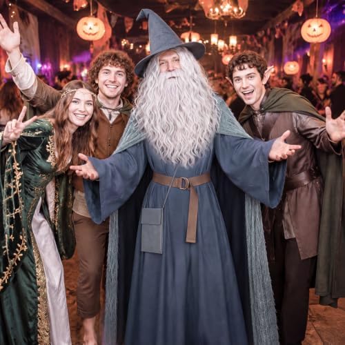 Grey Wizard Costume Set, Medieval Old Mage Fancy Dress Outfit with Hooded Cape, Long Robe, Wizard Hat, Wig & Beard, Belt and Crossbody Bag, Halloween Cosplay Party Dress-up Supplies for Men