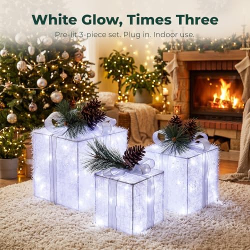 Set of 3 Christmas Lighted Gift Boxes, 60 White LED Pre-Lit Decor