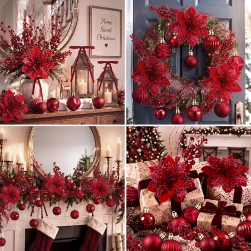 77 Pcs Christmas Tree Decorations Star Topper Ornaments Artificial Poinsettia Flowers Claret Balls Velvet Bow Berry Picks Christmas Tree Hanging Ornaments for Xmas Home Office Decorations