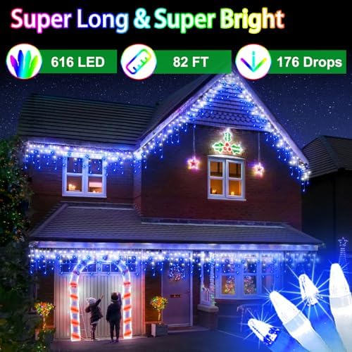 82FT LED Christmas Lights Outdoor with 176 Drops, Christmas Decorations Hanging Lights 616 LED 8 Modes, Fairy String Lights for Wedding Party Holiday Winter Wonderland Decorations Cool White & Blue